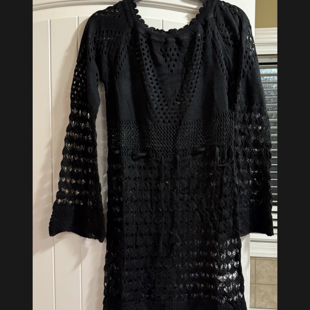 Swim Cover Up Womens Medium Black Crochet Beach Pool Boho Lightweight